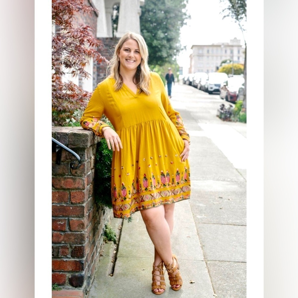 ANTHROPOLOGIE | FLOREAT RAELLA YELLOW EMBROIDERED DRESS LARGE